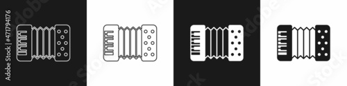 Set Musical instrument accordion icon isolated on black and white background. Classical bayan, harmonic. Vector
