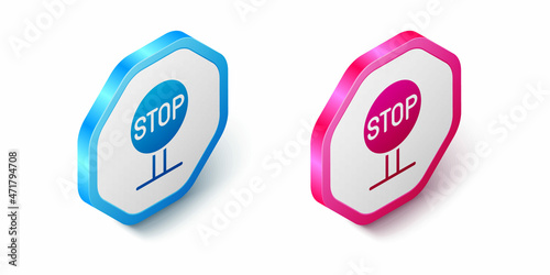 Isometric Stop sign icon isolated on white background. Traffic regulatory warning stop symbol. Hexagon button. Vector
