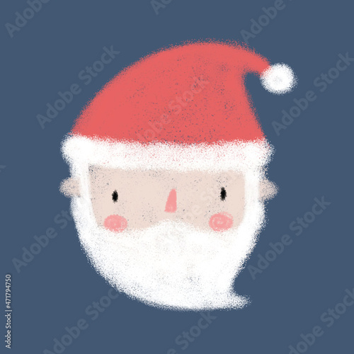 Cute Christmas Vector Illustration. Infantile Style Winter Holidays Grunge Print with Funny Smiling Santa Claus on a Blue Background Ideal for Card, Wall Art, Christmas Decoration.
