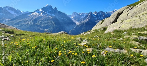 Mountain panorama on the way to Lac Blanc on a sunny summer morning, France