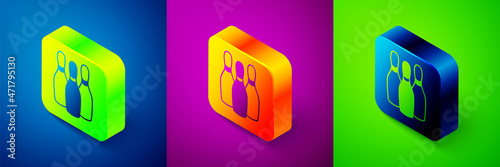 Isometric Bowling pin icon isolated on blue, purple and green background. Juggling clubs, circus skittles. Square button. Vector