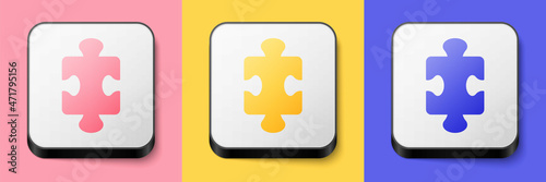 Isometric Puzzle pieces toy icon isolated on pink, yellow and blue background. Square button. Vector