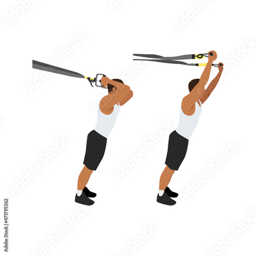 Man doing TRX Suspension straps triceps extensions flat vector illustration isolated on white background