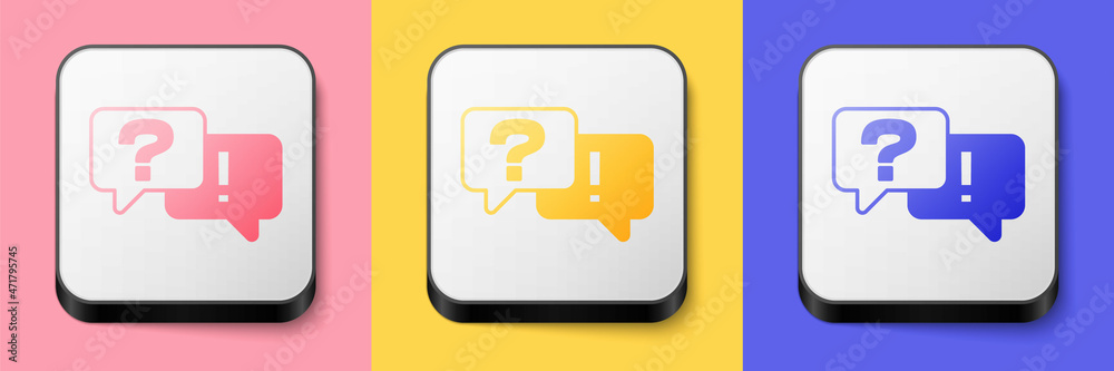 Isometric Speech bubbles with Question and Answer icon isolated on pink, yellow and blue background. Q and A symbol. FAQ sign. Chat speech bubble and chart. Square button. Vector Isometric Speech bubbles with Question and Answer icon isolated on pink, yellow and blue background. Q and A symbol. FAQ sign. Chat speech bubble and chart. Square button. Vector