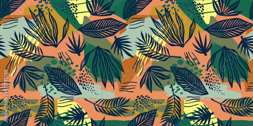 Abstract art seamless pattern with tropical leaves. Modern exotic design