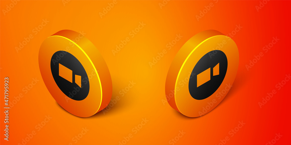 Isometric Video chat conference icon isolated on orange background. Online meeting work form home. Remote project management. Orange circle button. Vector Isometric Video chat conference icon isolated on orange background. Online meeting work form home. Remote project management. Orange circle button. Vector