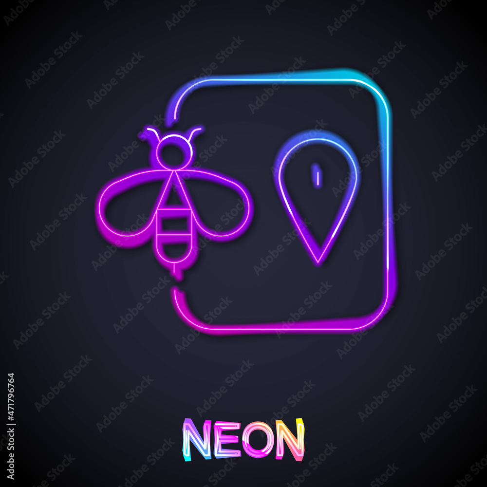 Glowing neon line Bee location map pin pointer icon isolated on black background. Farm animal map pointer. Vector