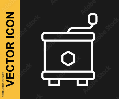 White line Honey extractor icon isolated on black background. Mechanical device for honey extraction from honeycombs. Vector
