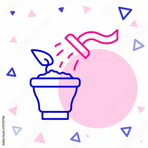 Line Spraying a house plant with a spray gun icon isolated on white background. Moistening of foliage. Care for home flowers. Colorful outline concept. Vector