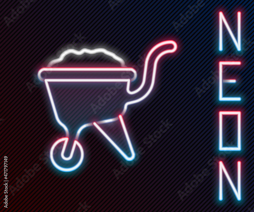 Glowing neon line Wheelbarrow with dirt icon isolated on black background. Tool equipment. Agriculture cart wheel farm. Colorful outline concept. Vector