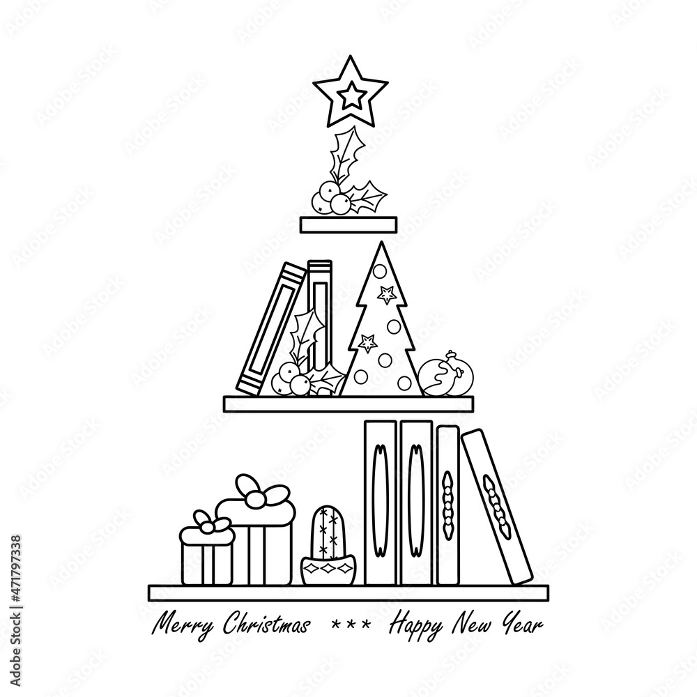 Coloring pages for adults and older children. Bookshelves with Christmas tree, gifts and and decoration balls . Hand drawn black and white vector illustration.