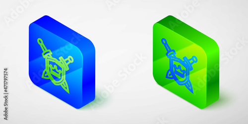 Isometric line Medieval shield with crossed swords icon isolated grey background. Blue and green square button. Vector