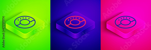 Isometric line Donut with sweet glaze icon isolated on green, blue and pink background. Square button. Vector