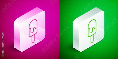 Isometric line Ice cream icon isolated on pink and green background. Sweet symbol. Silver square button. Vector