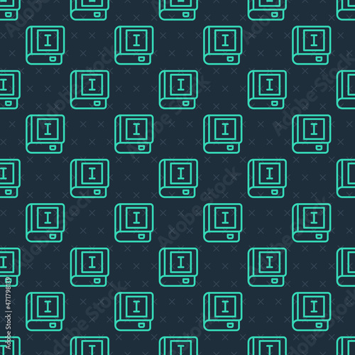 Green line Book icon isolated seamless pattern on blue background. First volume. Vector