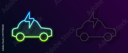 Glowing neon line Electric car and electrical cable plug charging icon isolated on black background. Renewable eco technologies. Vector