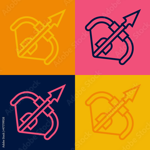 Fototapeta Naklejka Na Ścianę i Meble -  Pop art line Medieval bow and arrow icon isolated on color background. Medieval weapon. Vector
