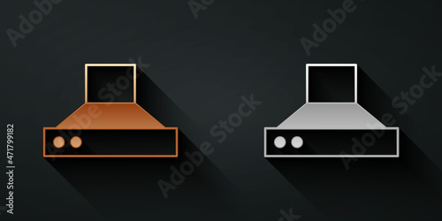 Gold and silver Kitchen extractor fan icon isolated on black background. Cooker hood. Kitchen exhaust. Household appliance. Long shadow style. Vector