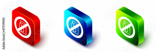 Isometric No pack of milk icon isolated Isometric background. Not allow milk. Allergy concept, lactose intolerance allergy warning sign. Red, blue and green square button. Vector