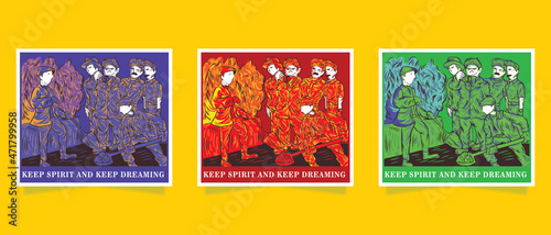 Combination of poster templates. illustration of a group of people fighting for the future and achieving their dreams  with three different color variants