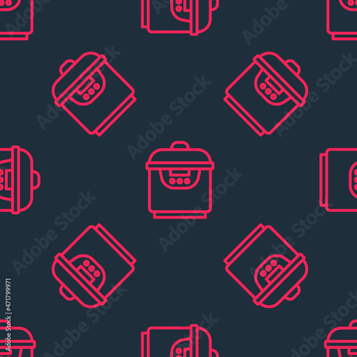 Red line Slow cooker icon isolated seamless pattern on black background. Electric pan. Vector