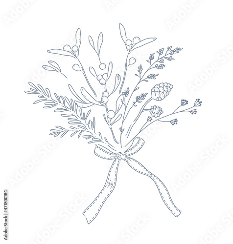 Winter bouquet with holiday decor plants mistletoe, fir treee branches, ribbon bow isolated. Line art hand drawn doodle vector illustration. For packaging, cards, banners, invitation.