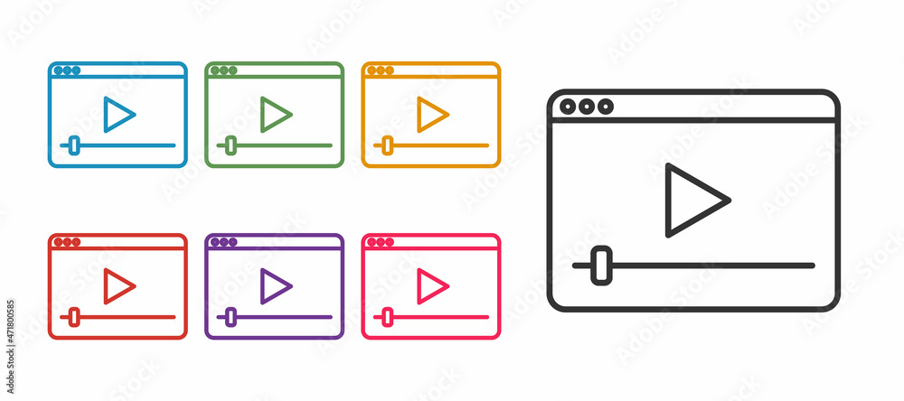 Set line Online play video icon isolated on white background. Film strip with play sign. Set icons colorful. Vector Set line Online play video icon isolated on white background. Film strip with play sign. Set icons colorful. Vector