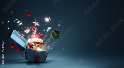 Open Christmas magic gift box. 3d rendering