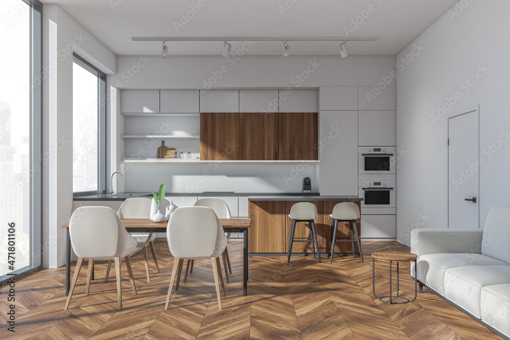 Light kitchen set interior with dining table and chairs, shelf with kitchenware Light kitchen set interior with dining table and chairs, shelf with kitchenware