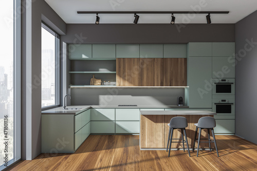 Wallpaper Mural Wooden kitchen set interior with dining table and chairs, shelf with kitchenware Torontodigital.ca