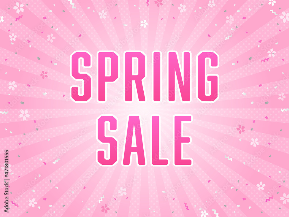 春セール向け　広告テンプレート／集中線、紙吹雪、桜のピンク色背景