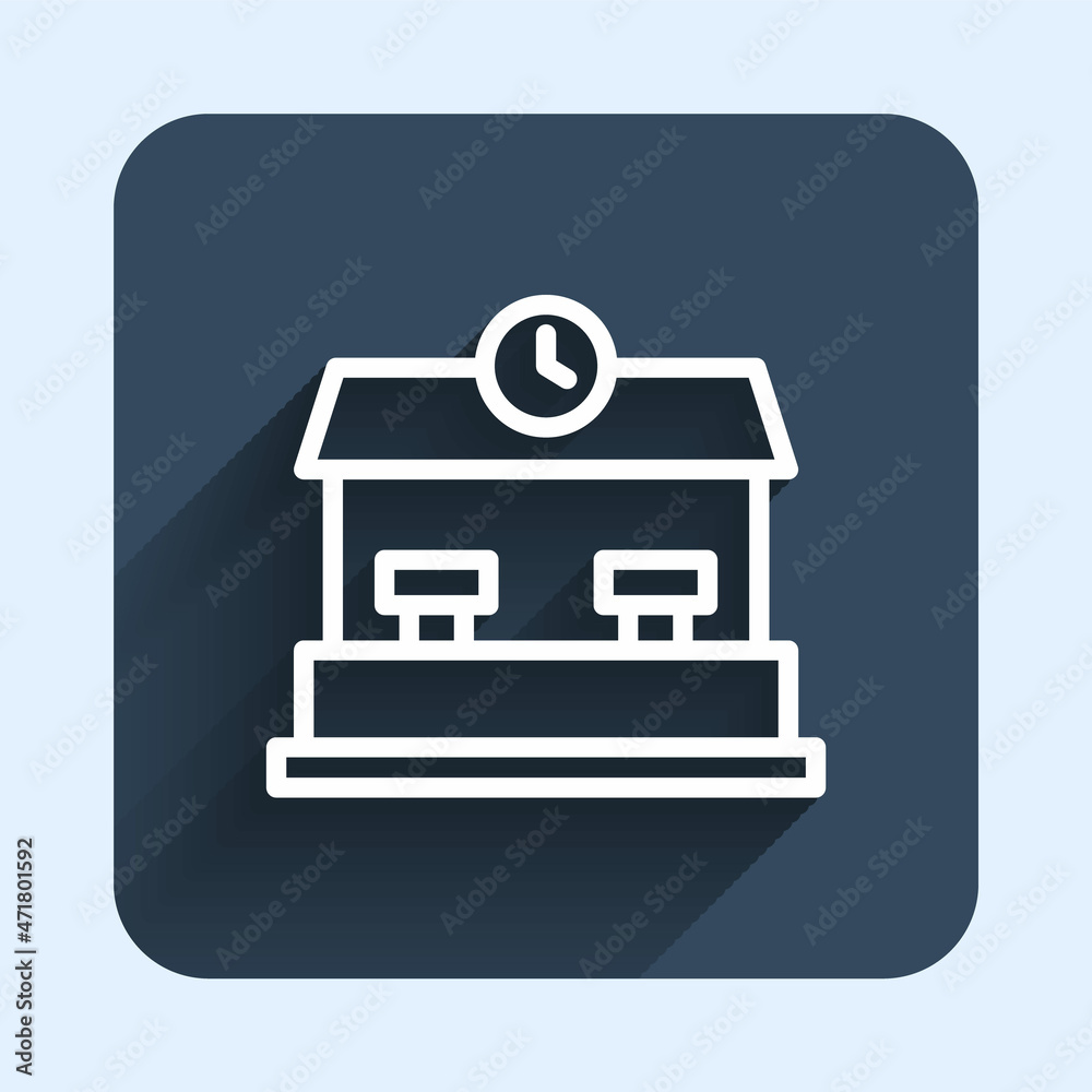 White line Railway station icon isolated with long shadow background. Blue square button. Vector White line Railway station icon isolated with long shadow background. Blue square button. Vector