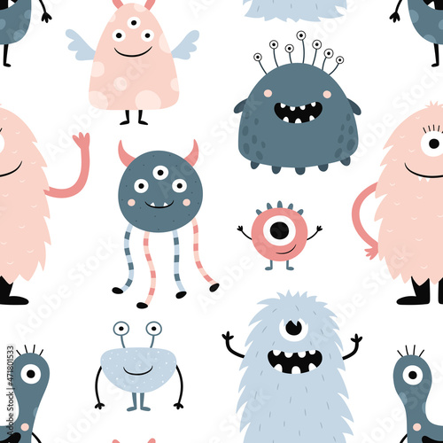 Seamless pattern with cute funny monsters. Cartoon characters. Vector illustration for printing on fabric, wrapping paper, textiles, clothing