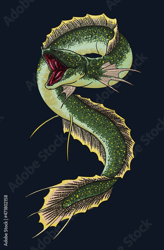 Drawing ell monster fish, art.illustration, vector