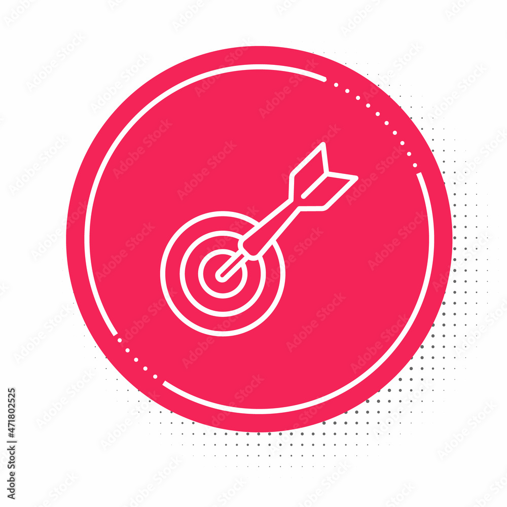 White line Classic dart board and arrow icon isolated on white background. Dartboard sign. Game concept. Red circle button. Vector White line Classic dart board and arrow icon isolated on white background. Dartboard sign. Game concept. Red circle button. Vector