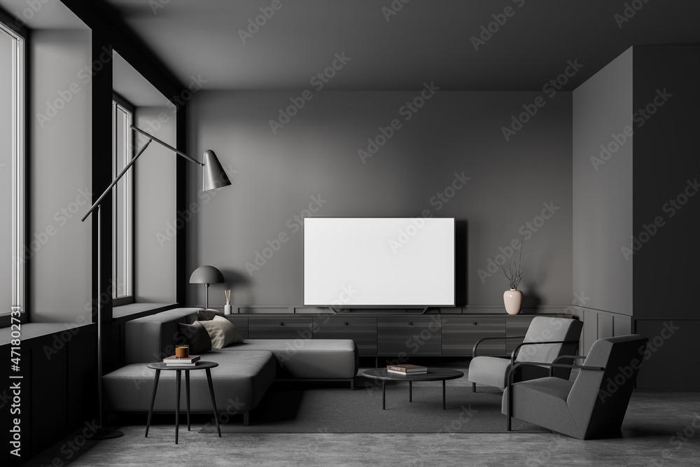 Living room interior with sofa and two armchairs, television mockup screen