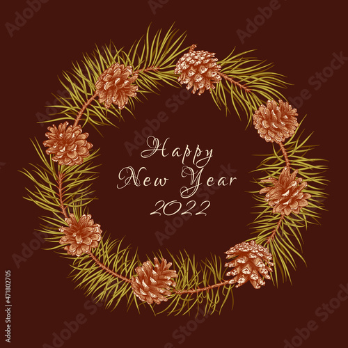 Christmas horizontal frame with pine branches, cones. Botanical dark background with coniferous. Vector illustration. Engraving style. Traditional colors.