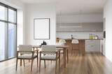 Light kitchen interior with furniture, seats and table, mock up poster