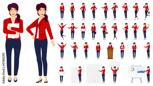 Businesswoman character set wearing business outfit with different set of pose doing different actions with podium presentation board graph chart and posing