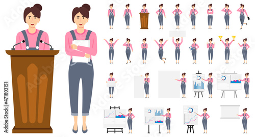 Cute businesswoman character wearing business outfit with different set of pose doing different actions with podium presentation board graph chart