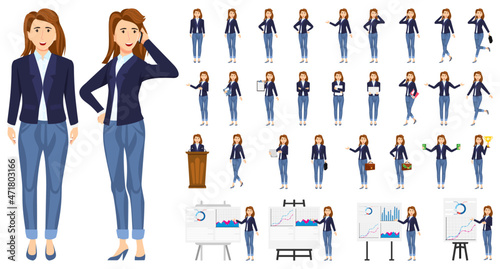 Cute businesswoman character wearing business outfit with different set of pose doing different actions with podium presentation board graph chart and posing