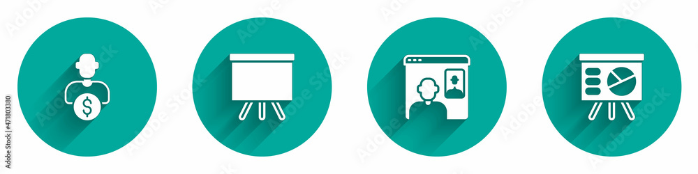 Set Business investor, Chalkboard, Video chat conference and Board with graph icon with long shadow. Vector Set Business investor, Chalkboard, Video chat conference and Board with graph icon with long shadow. Vector