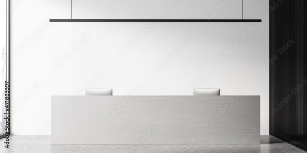White reception interior desk with two computers and mockup