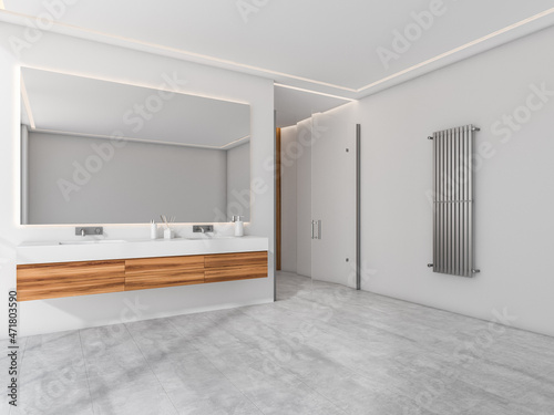 White and grey shower room with wood shelf vanity. Corner view. photo