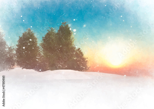 Watercolor winter landscape at sunset