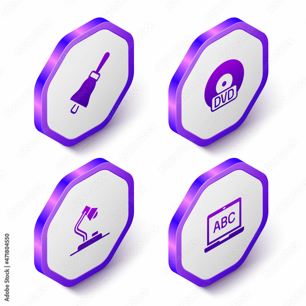 Set Isometric Ringing bell, CD or DVD disk, Table lamp and Laptop icon. Purple hexagon button. Vector Set Isometric Ringing bell, CD or DVD disk, Table lamp and Laptop icon. Purple hexagon button. Vector
