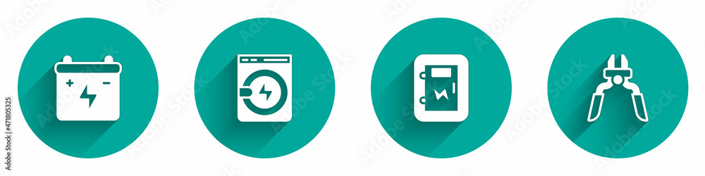 Set Car battery, Washer, Electrical panel and Pliers tool icon with long shadow. Vector Set Car battery, Washer, Electrical panel and Pliers tool icon with long shadow. Vector