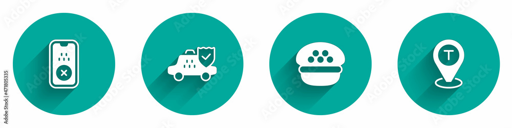 Set Taxi mobile app, car insurance, driver cap and Location taxi icon with long shadow. Vector Set Taxi mobile app, car insurance, driver cap and Location taxi icon with long shadow. Vector