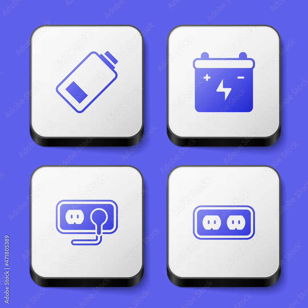 Set Battery charge, Car battery, Electrical outlet and icon. White square button. Vector
