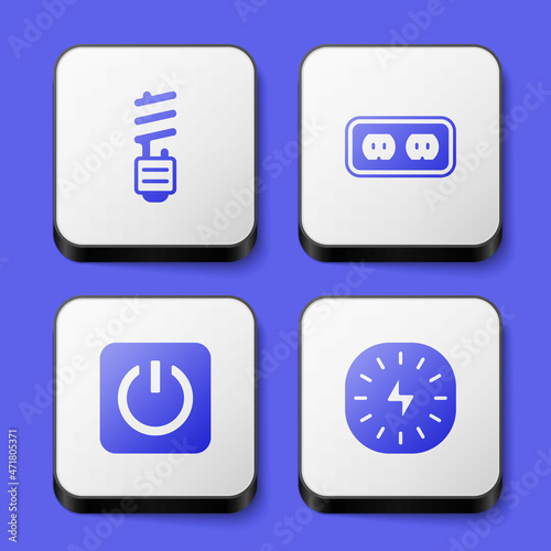 Set LED light bulb, Electrical outlet, Power button and Lightning bolt icon. White square button. Vector